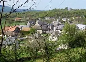 Le village de Vebret vu depuis les hauteurs, à travers les branches