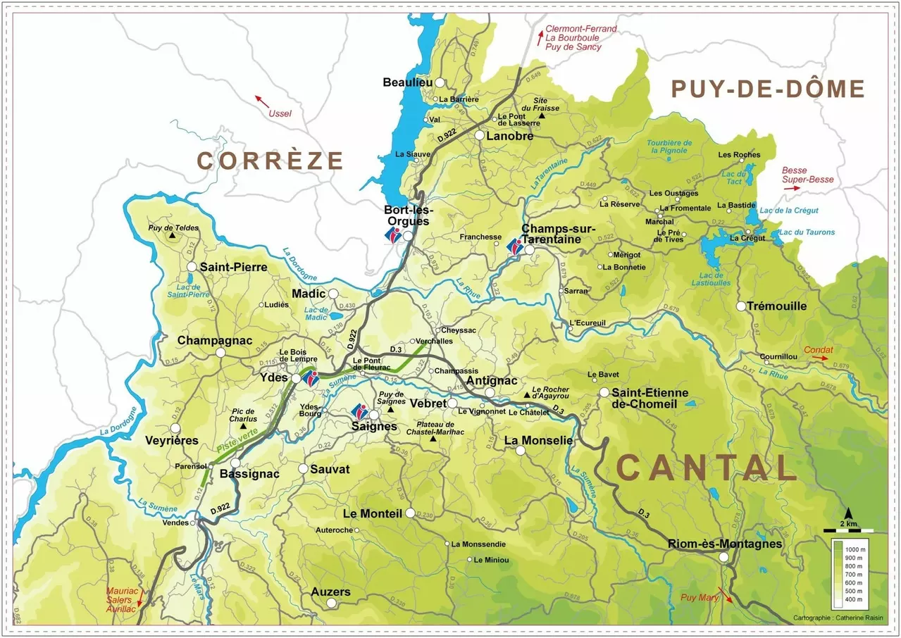 Carte du territoire de Sum&egrave;ne-Artense communaut&eacute; et de ses 16 communes